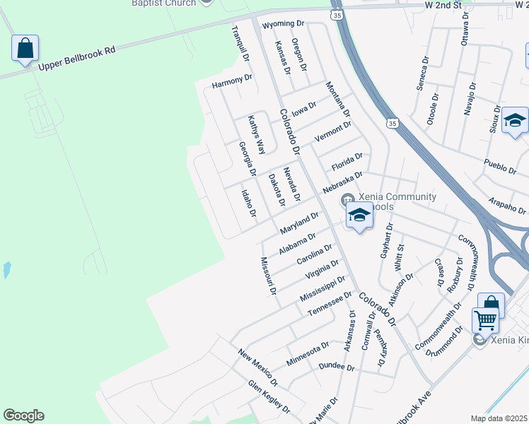 map of restaurants, bars, coffee shops, grocery stores, and more near 666 Georgia Dr in Xenia