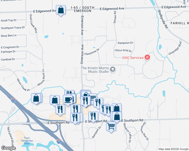 map of restaurants, bars, coffee shops, grocery stores, and more near 6535 South Waybridge Court in Indianapolis