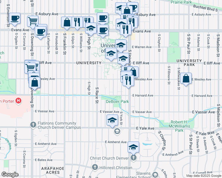 map of restaurants, bars, coffee shops, grocery stores, and more near 2455 South Gaylord Street in Denver