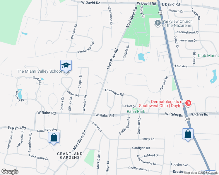 map of restaurants, bars, coffee shops, grocery stores, and more near 451 Towerview Road in Dayton