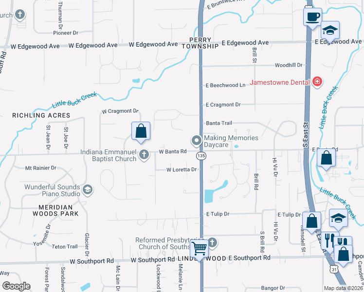 map of restaurants, bars, coffee shops, grocery stores, and more near 40 West Banta Road in Indianapolis