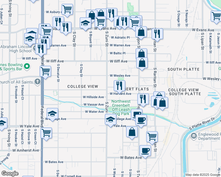 map of restaurants, bars, coffee shops, grocery stores, and more near 2380 West Baker Avenue in Englewood