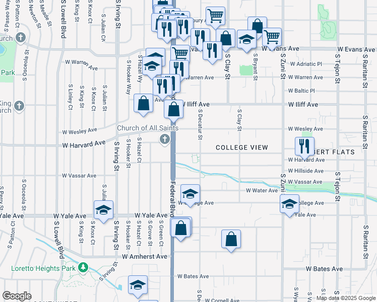 map of restaurants, bars, coffee shops, grocery stores, and more near 2901 West Harvard Avenue in Denver