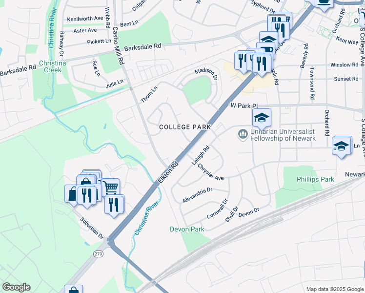 map of restaurants, bars, coffee shops, grocery stores, and more near 780 Elkton Road in Newark