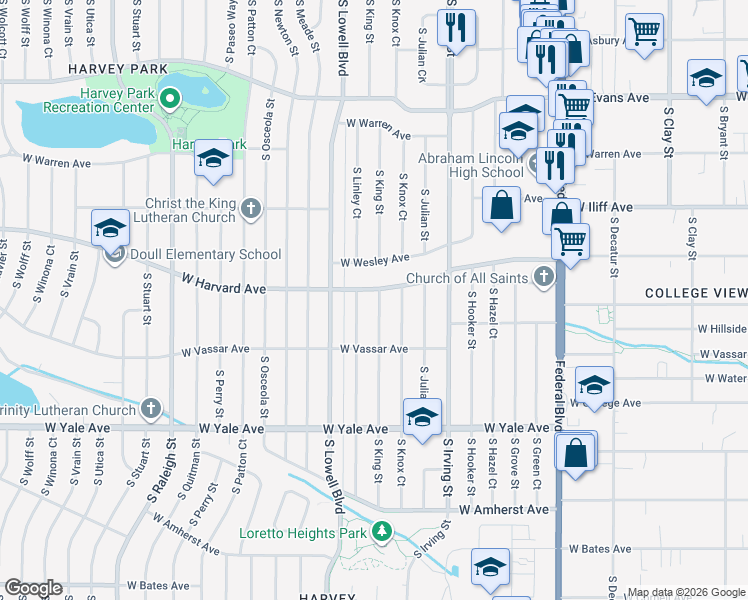 map of restaurants, bars, coffee shops, grocery stores, and more near 2509 South King Street in Denver