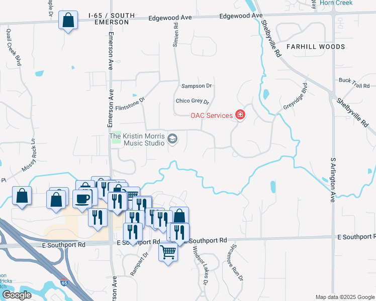 map of restaurants, bars, coffee shops, grocery stores, and more near 6529 Lillians Court in Indianapolis