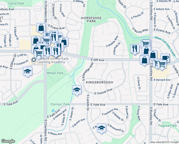 map of restaurants, bars, coffee shops, grocery stores, and more near 2452 S Kittredge Way in Aurora