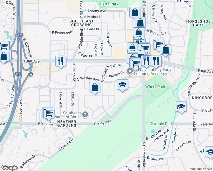 map of restaurants, bars, coffee shops, grocery stores, and more near 2425 South Elkhart Court in Aurora