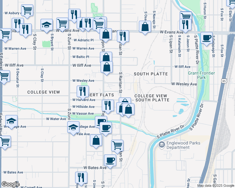 map of restaurants, bars, coffee shops, grocery stores, and more near 1820 West Baker Avenue in Englewood