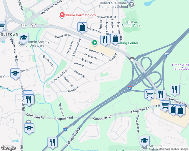 map of restaurants, bars, coffee shops, grocery stores, and more near 103 Fox Drive in Newark