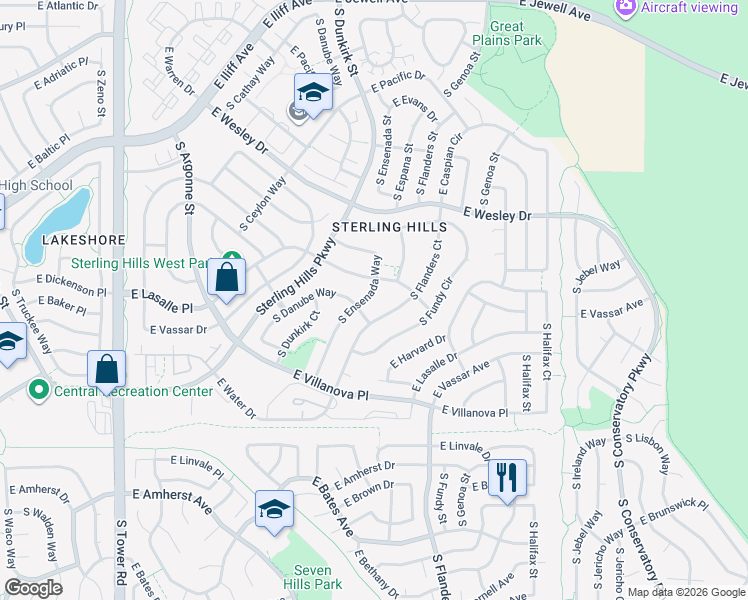 map of restaurants, bars, coffee shops, grocery stores, and more near 2564 South Ensenada Way in Aurora