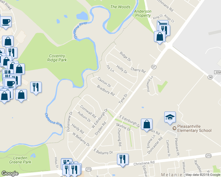 map of restaurants, bars, coffee shops, grocery stores, and more near 2 Caxton Drive in New Castle