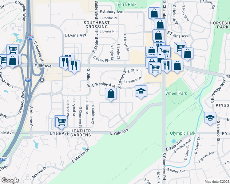 map of restaurants, bars, coffee shops, grocery stores, and more near 2422 South Eagle Way in Aurora