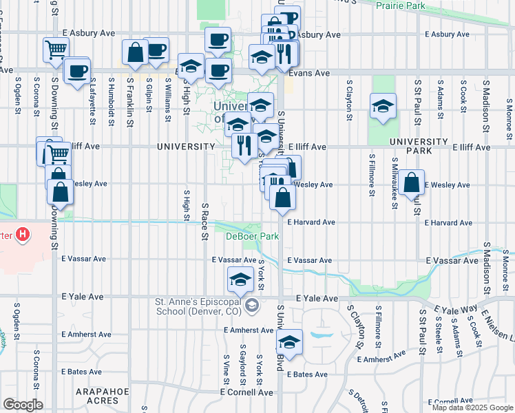 map of restaurants, bars, coffee shops, grocery stores, and more near 2455 South York Street in Denver