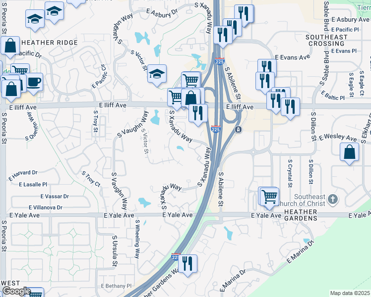 map of restaurants, bars, coffee shops, grocery stores, and more near 2429 South Xanadu Way in Aurora
