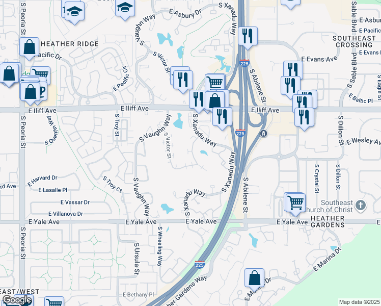 map of restaurants, bars, coffee shops, grocery stores, and more near 2459 South Worchester Court in Aurora