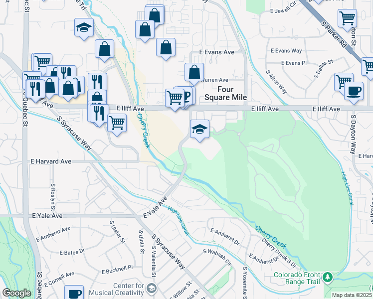 map of restaurants, bars, coffee shops, grocery stores, and more near 2450 South Wabash Street in Denver