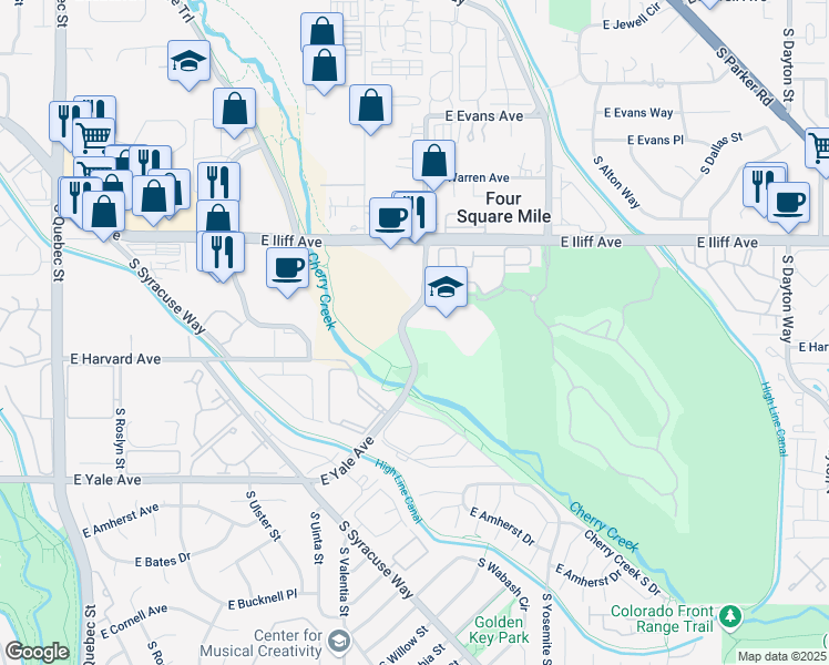 map of restaurants, bars, coffee shops, grocery stores, and more near 2453 South Wabash Street in Denver