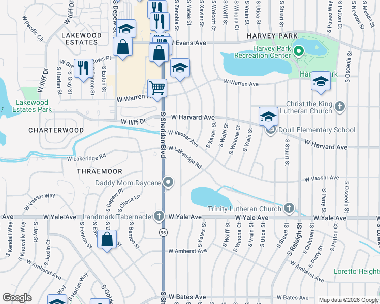map of restaurants, bars, coffee shops, grocery stores, and more near 5005 West Lakeridge Road in Denver