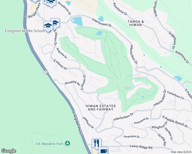 map of restaurants, bars, coffee shops, grocery stores, and more near 2357 Hearth Drive in Evergreen