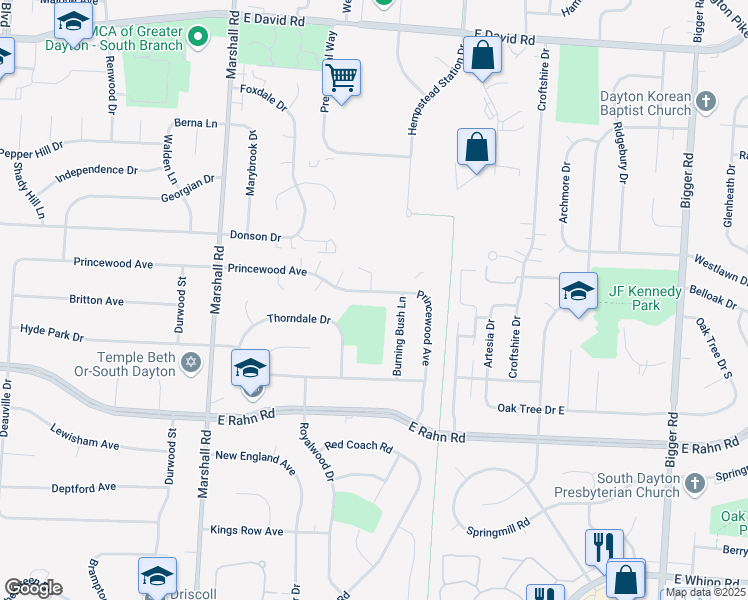 map of restaurants, bars, coffee shops, grocery stores, and more near 1042 Princewood Avenue in Dayton