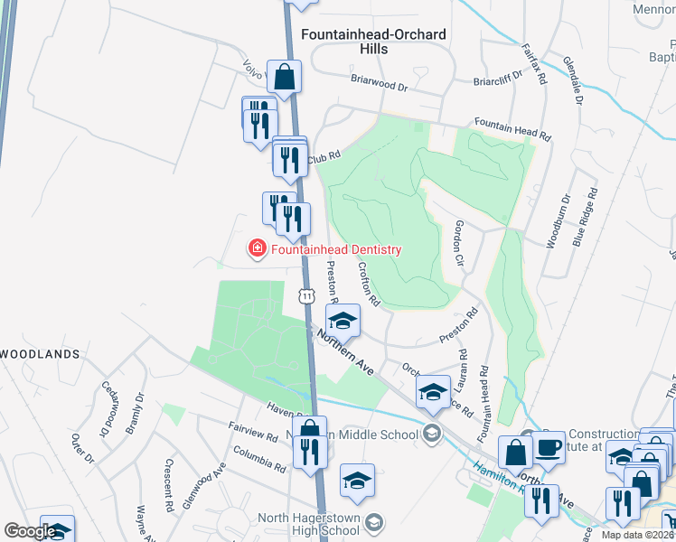 map of restaurants, bars, coffee shops, grocery stores, and more near 18810 Preston Road in Hagerstown
