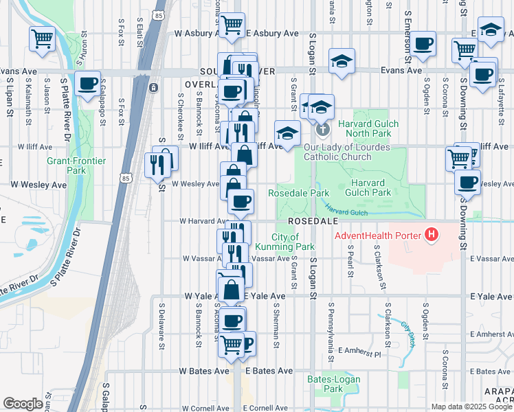 map of restaurants, bars, coffee shops, grocery stores, and more near South Lincoln Street in Denver