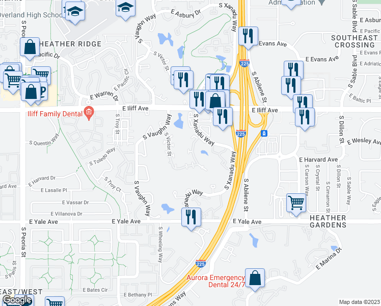 map of restaurants, bars, coffee shops, grocery stores, and more near 2459 South Worchester Court in Aurora