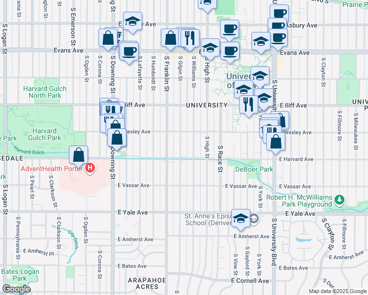 map of restaurants, bars, coffee shops, grocery stores, and more near 2458 South Gilpin Street in Denver
