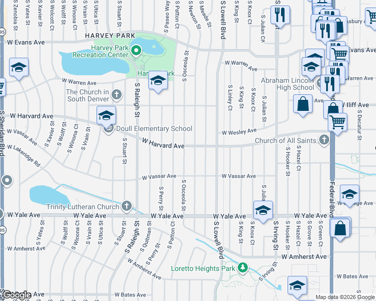 map of restaurants, bars, coffee shops, grocery stores, and more near 2510 South Osceola Street in Denver