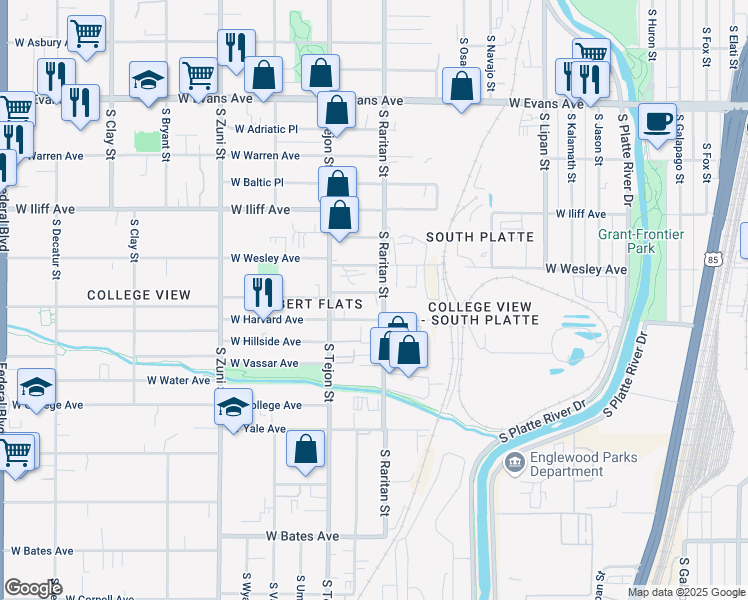 map of restaurants, bars, coffee shops, grocery stores, and more near 1820 West Baker Avenue in Englewood