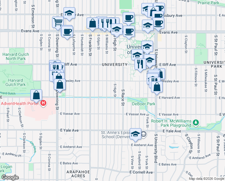 map of restaurants, bars, coffee shops, grocery stores, and more near 2461 South High Street in Denver