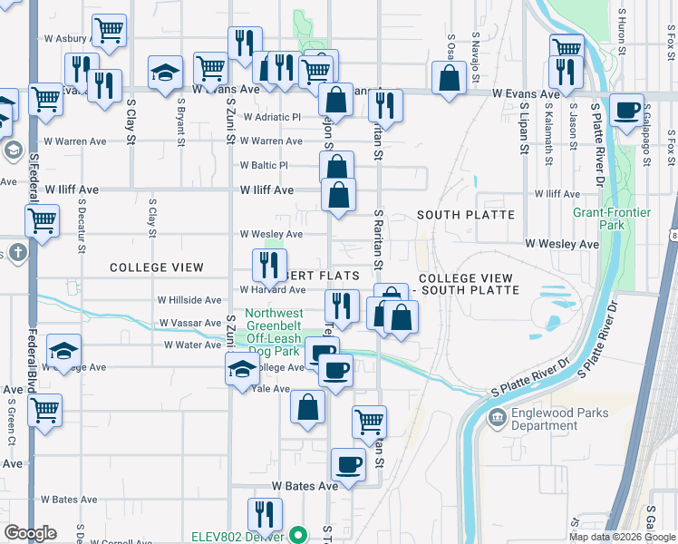 map of restaurants, bars, coffee shops, grocery stores, and more near 1900 West Baker Avenue in Englewood