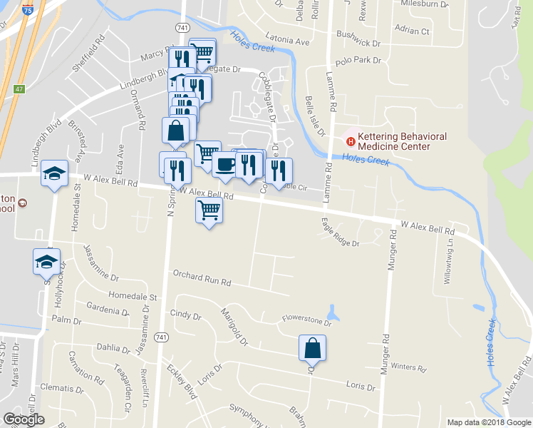 map of restaurants, bars, coffee shops, grocery stores, and more near 5522 Cobblegate Drive in Dayton
