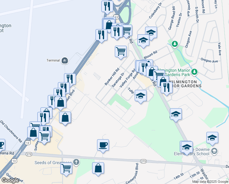 map of restaurants, bars, coffee shops, grocery stores, and more near 60 Valley Forge Road in New Castle