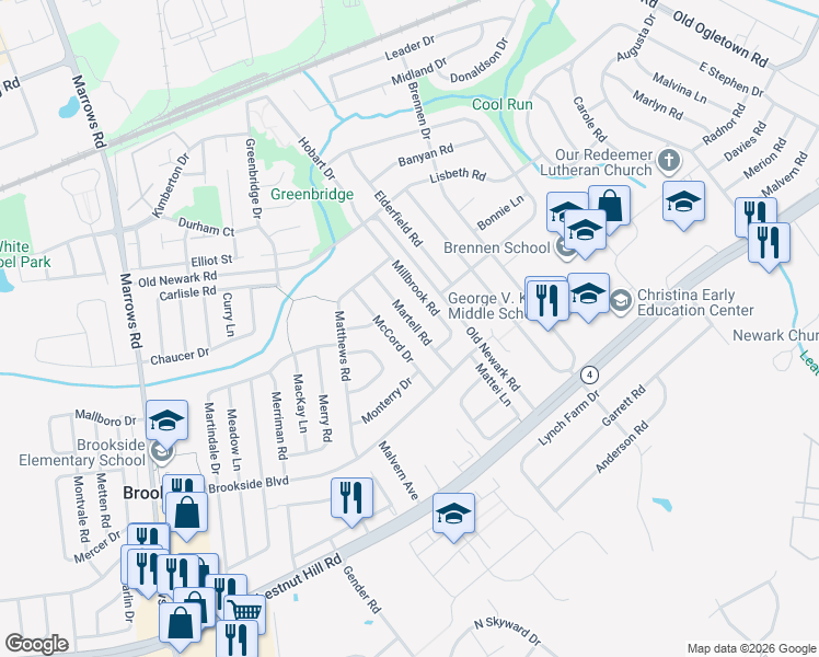 map of restaurants, bars, coffee shops, grocery stores, and more near 17 Martell Road in Newark