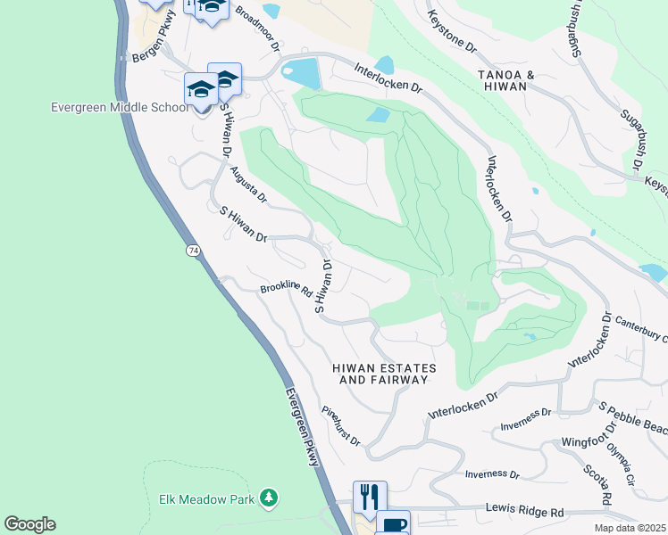 map of restaurants, bars, coffee shops, grocery stores, and more near 2356 South Hiwan Drive in Evergreen