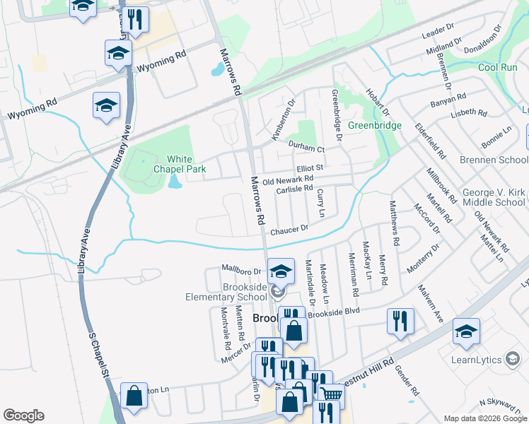 map of restaurants, bars, coffee shops, grocery stores, and more near 1010 Marrows Road in Newark