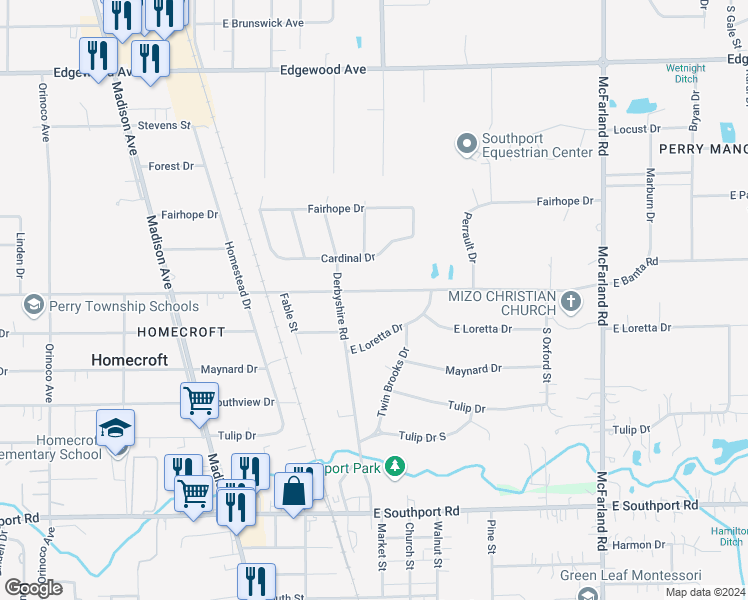 map of restaurants, bars, coffee shops, grocery stores, and more near 2345 East Banta Road in Indianapolis