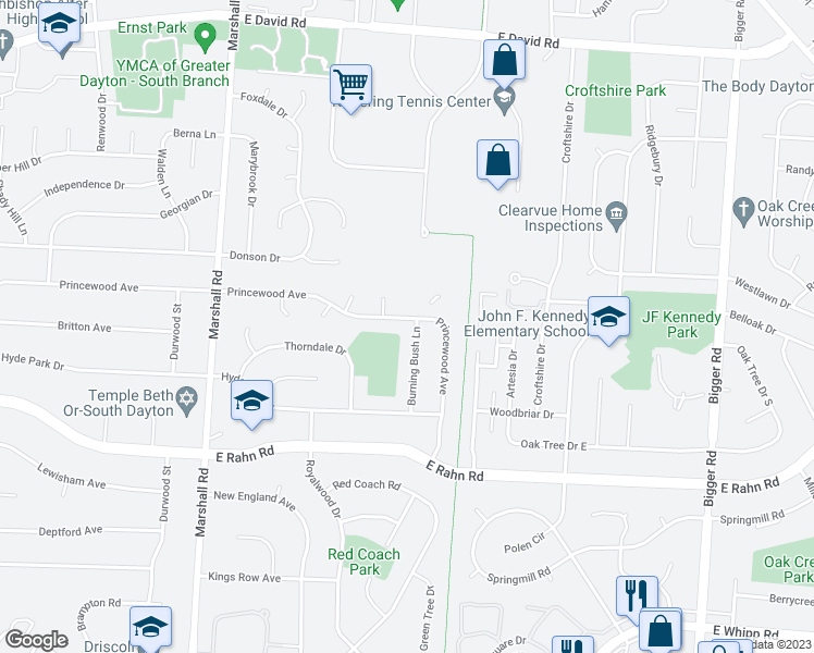 map of restaurants, bars, coffee shops, grocery stores, and more near 5265 Burning Bush Lane in Dayton
