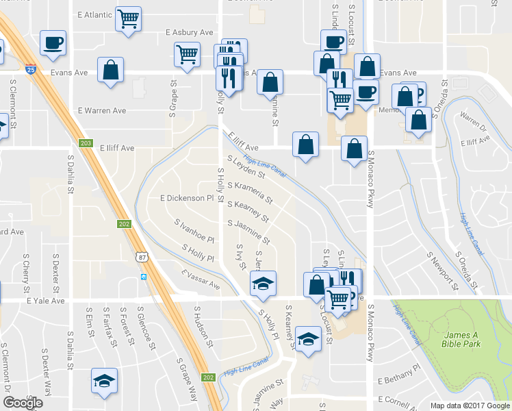 map of restaurants, bars, coffee shops, grocery stores, and more near 2456 South Kearney Street in Denver