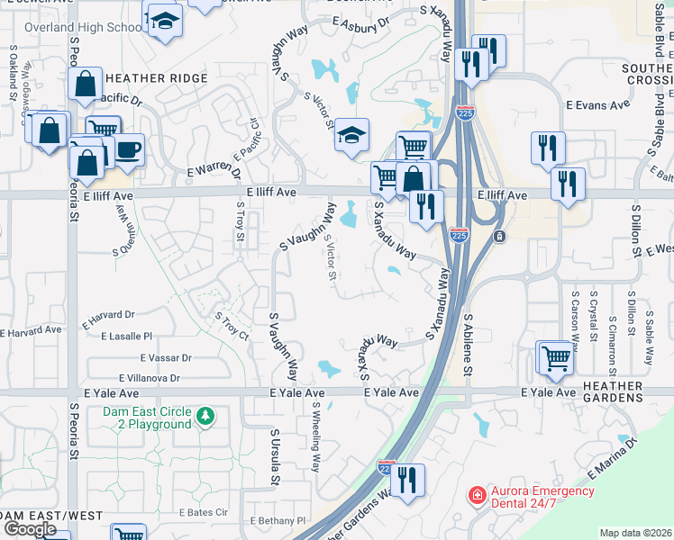 map of restaurants, bars, coffee shops, grocery stores, and more near 2458 South Victor Street in Aurora