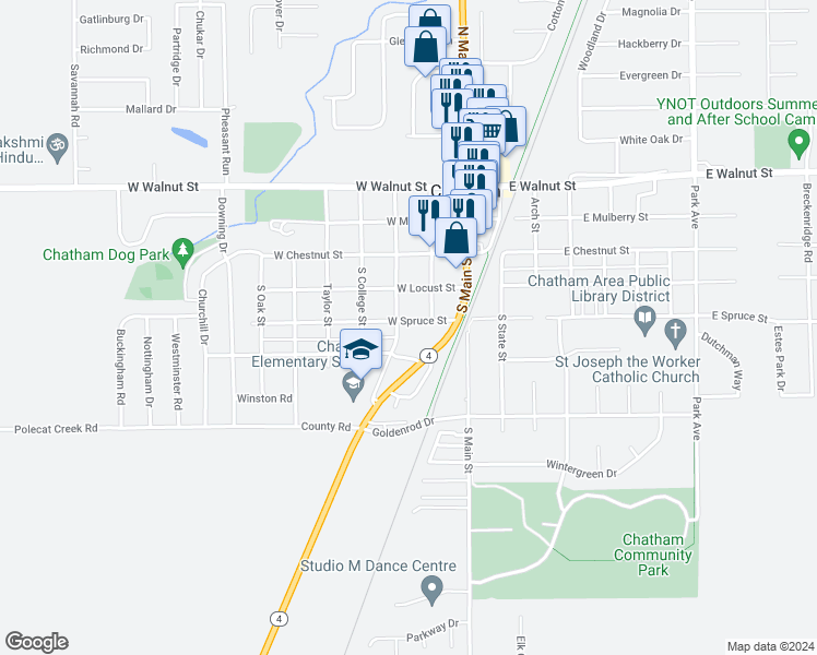 map of restaurants, bars, coffee shops, grocery stores, and more near 306 South Church Street in Chatham