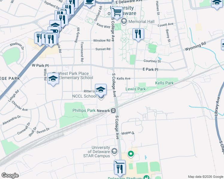 map of restaurants, bars, coffee shops, grocery stores, and more near 4 Ritter Lane in Newark