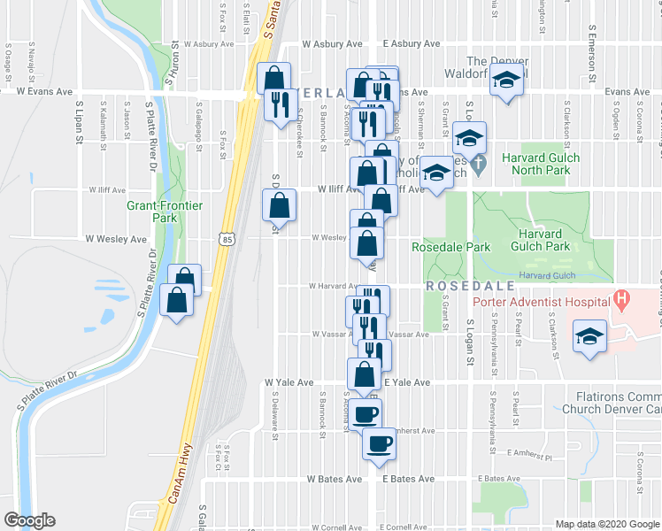 map of restaurants, bars, coffee shops, grocery stores, and more near 2454 South Bannock Street in Denver
