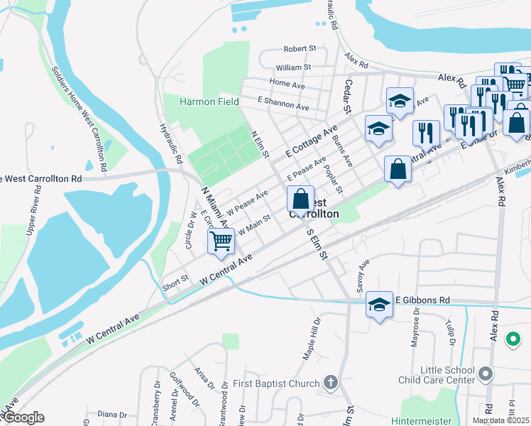 map of restaurants, bars, coffee shops, grocery stores, and more near 113 West Main Street in West Carrollton