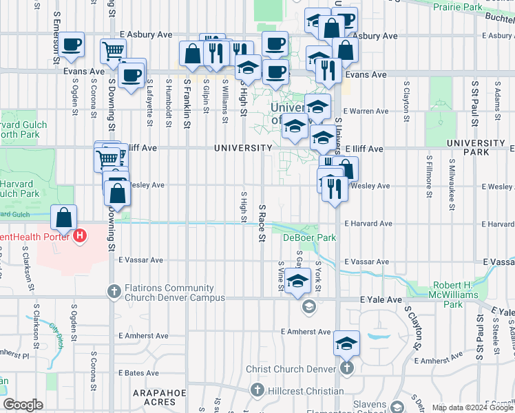 map of restaurants, bars, coffee shops, grocery stores, and more near 2453 South Race Street in Denver
