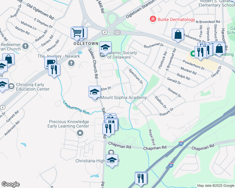 map of restaurants, bars, coffee shops, grocery stores, and more near 1301 Coventry Lane in Newark