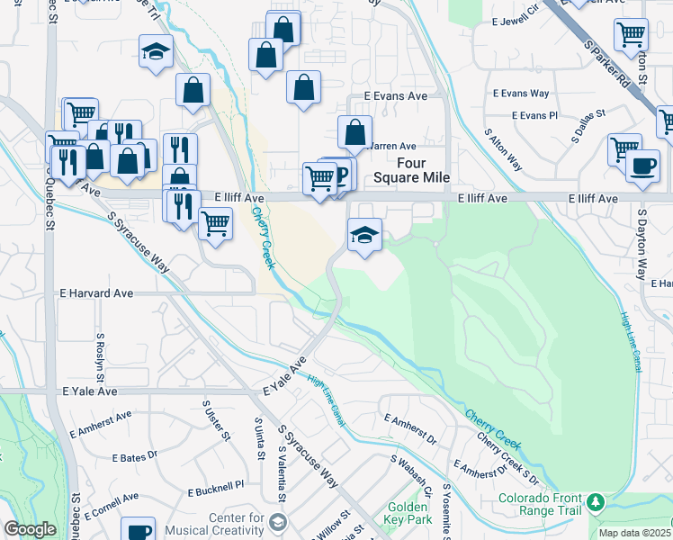 map of restaurants, bars, coffee shops, grocery stores, and more near 2453 South Wabash Street in Denver
