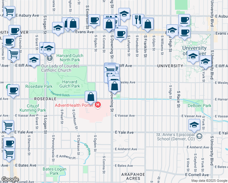 map of restaurants, bars, coffee shops, grocery stores, and more near 2450 South Downing Street in Denver